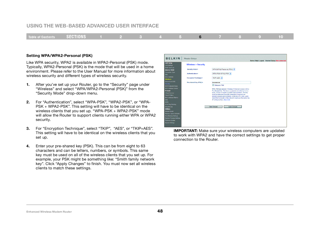 Belkin F6D4630-4 user manual Setting WPA/WPA2-Personal PSK 