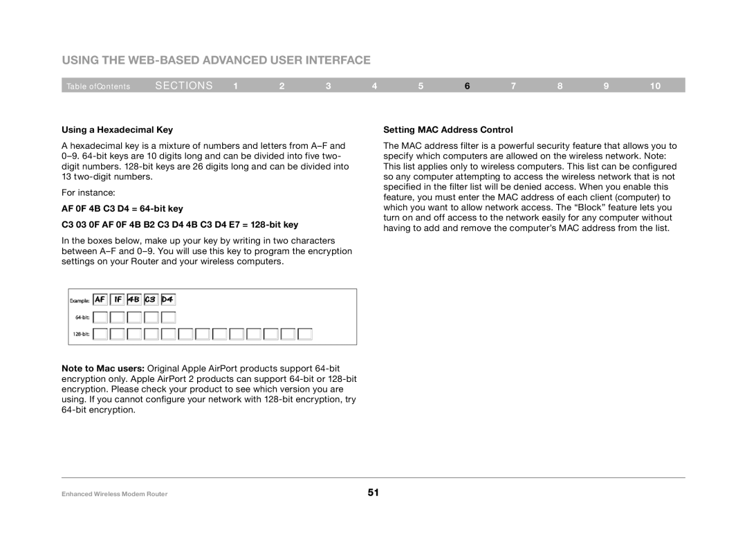 Belkin F6D4630-4 user manual Using a Hexadecimal Key, Setting MAC Address Control 