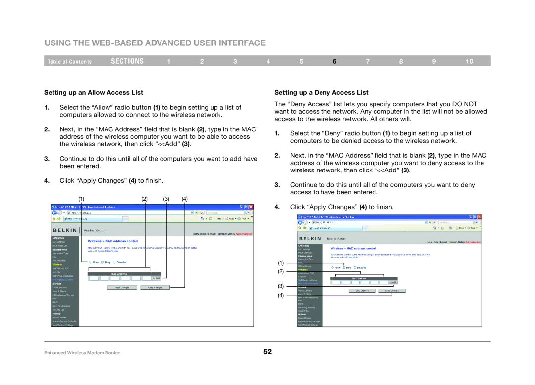 Belkin F6D4630-4 user manual Setting up an Allow Access List, Setting up a Deny Access List 