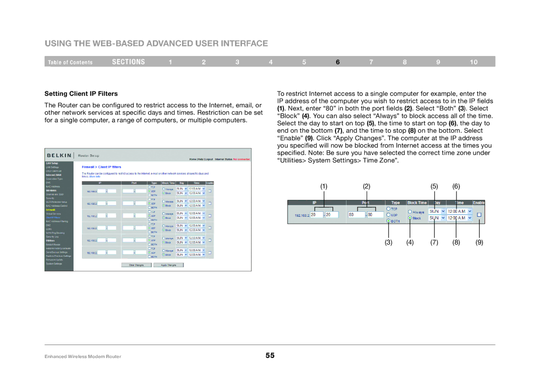 Belkin F6D4630-4 user manual Setting Client IP Filters 