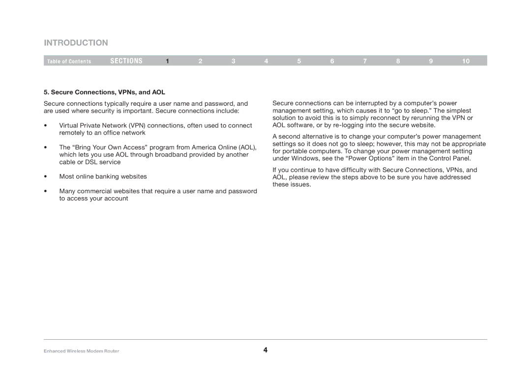 Belkin F6D4630-4 user manual Secure Connections, VPNs, and AOL 