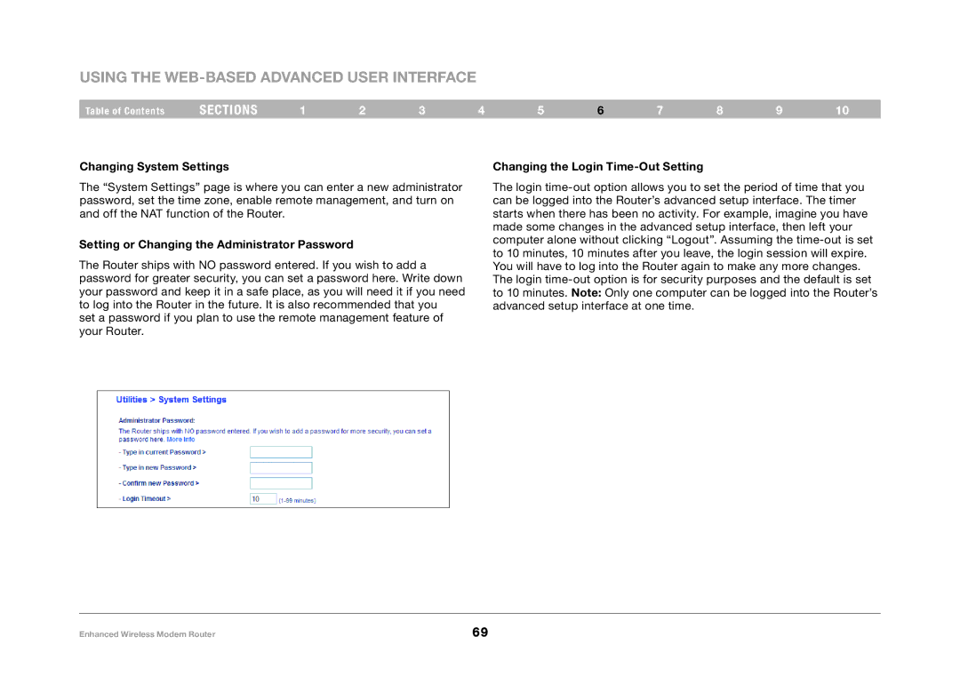 Belkin F6D4630-4 user manual Changing System Settings, Setting or Changing the Administrator Password 