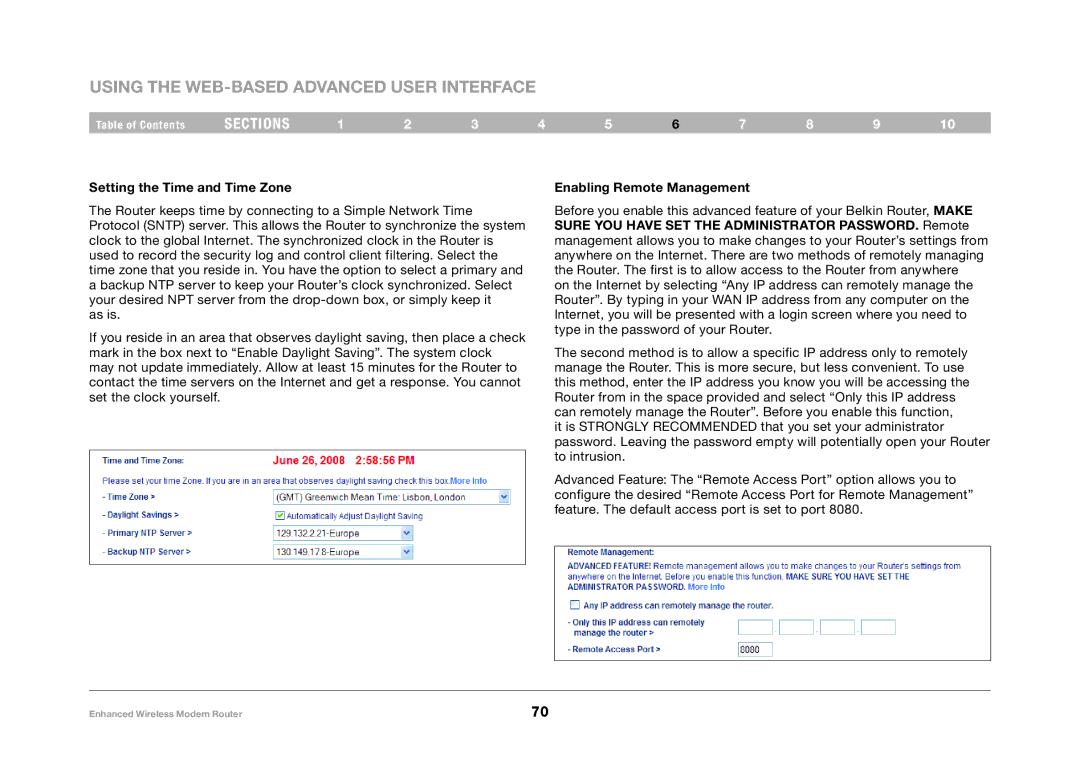 Belkin F6D4630-4 user manual Setting the Time and Time Zone, Enabling Remote Management 