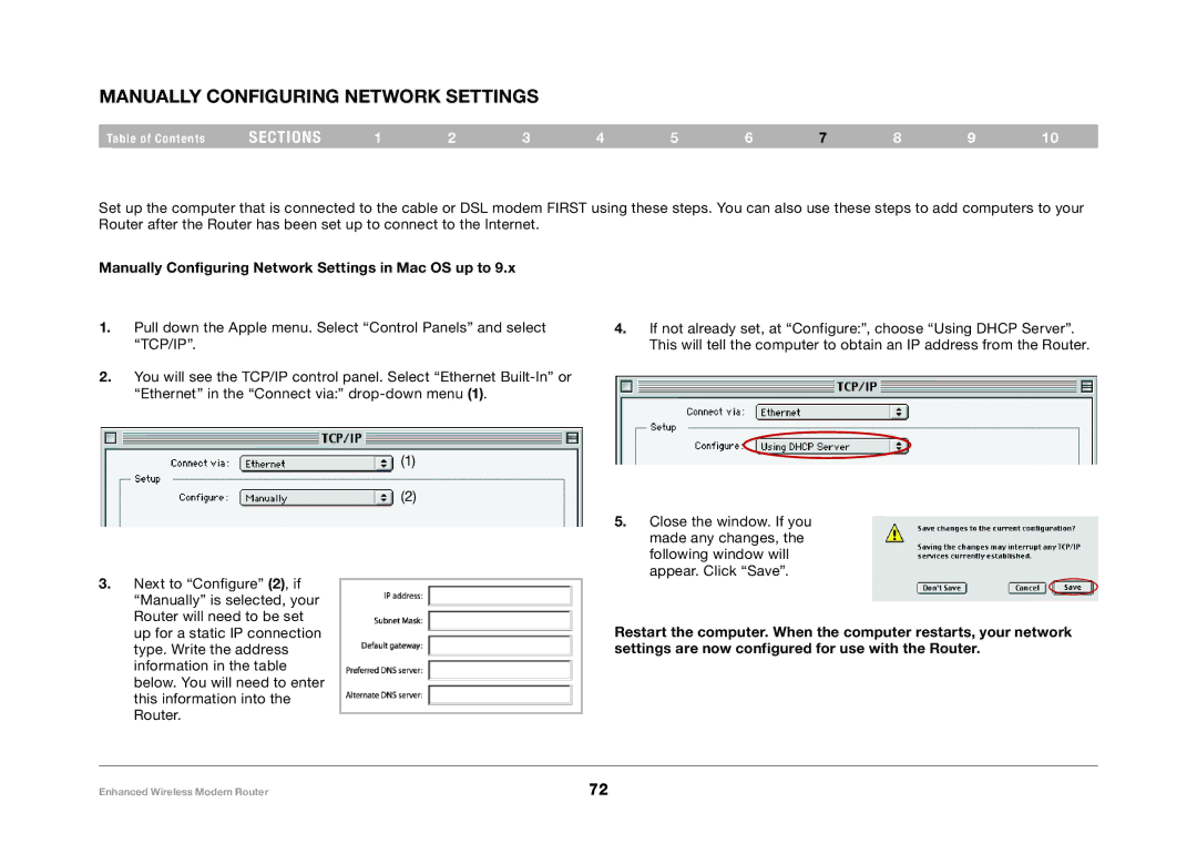 Belkin F6D4630-4 user manual Manually Configuring Network Settings in Mac OS up to 