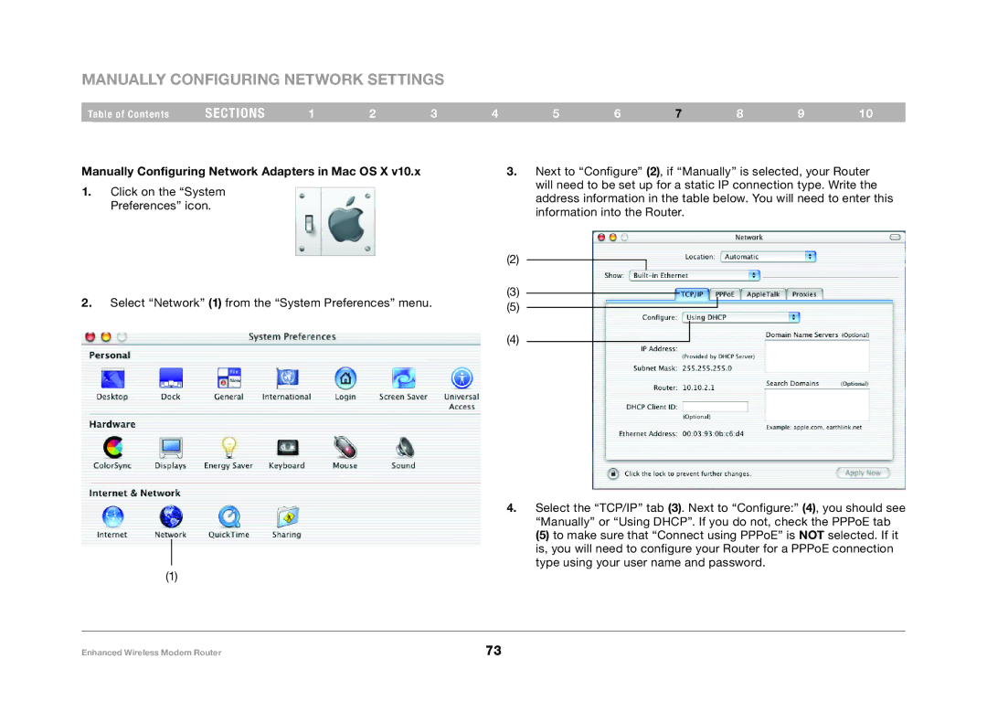 Belkin F6D4630-4 user manual Manually Configuring Network Settings, Manually Configuring Network Adapters in Mac OS X 