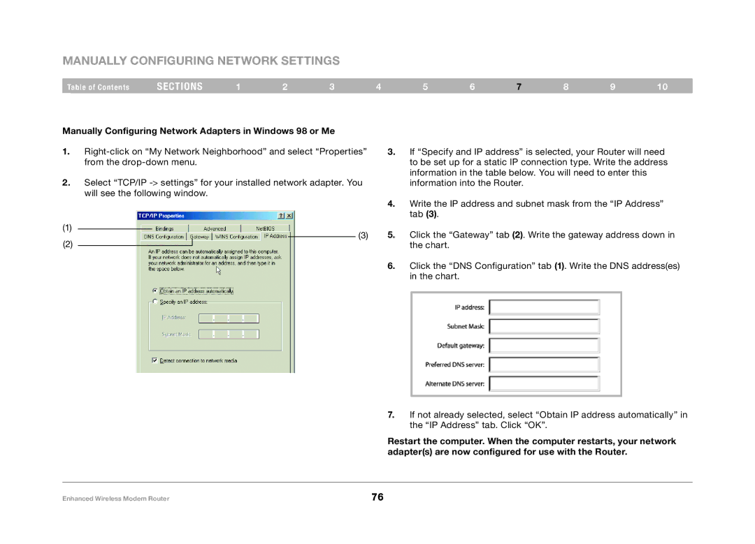 Belkin F6D4630-4 user manual Manually Configuring Network Adapters in Windows 98 or Me 