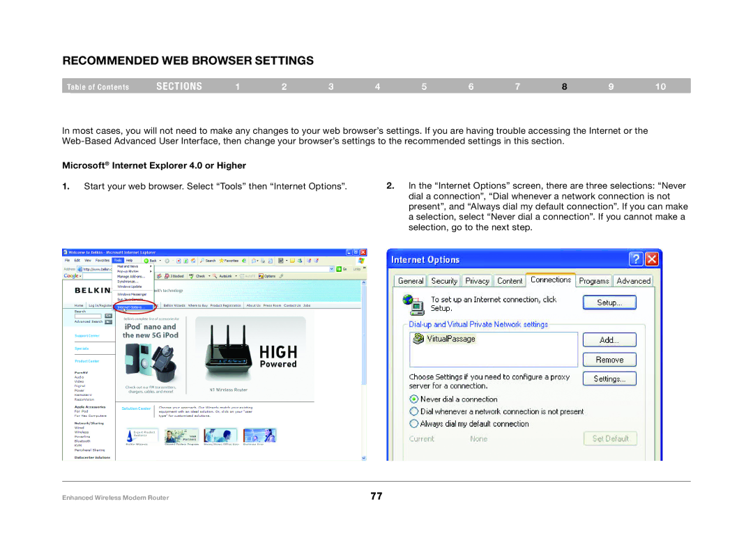 Belkin F6D4630-4 user manual Recommended Web Browser Settings, Microsoft Internet Explorer 4.0 or Higher 