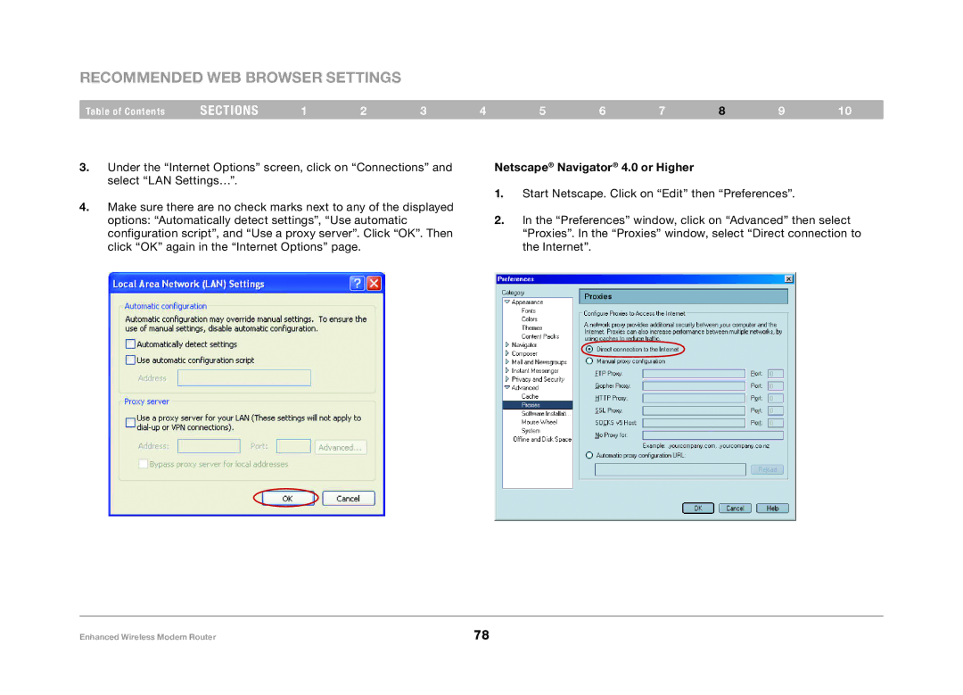 Belkin F6D4630-4 user manual Recommended Web Browser Settings, Netscape Navigator 4.0 or Higher 