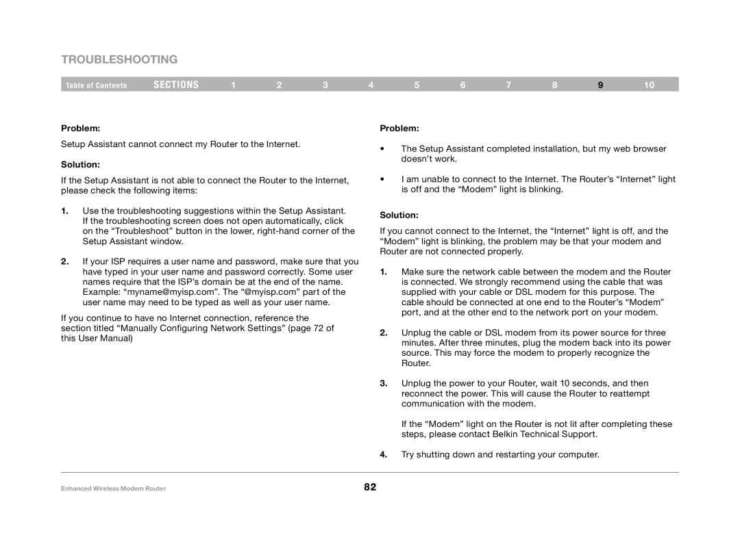 Belkin F6D4630-4 user manual Setup Assistant cannot connect my Router to the Internet 