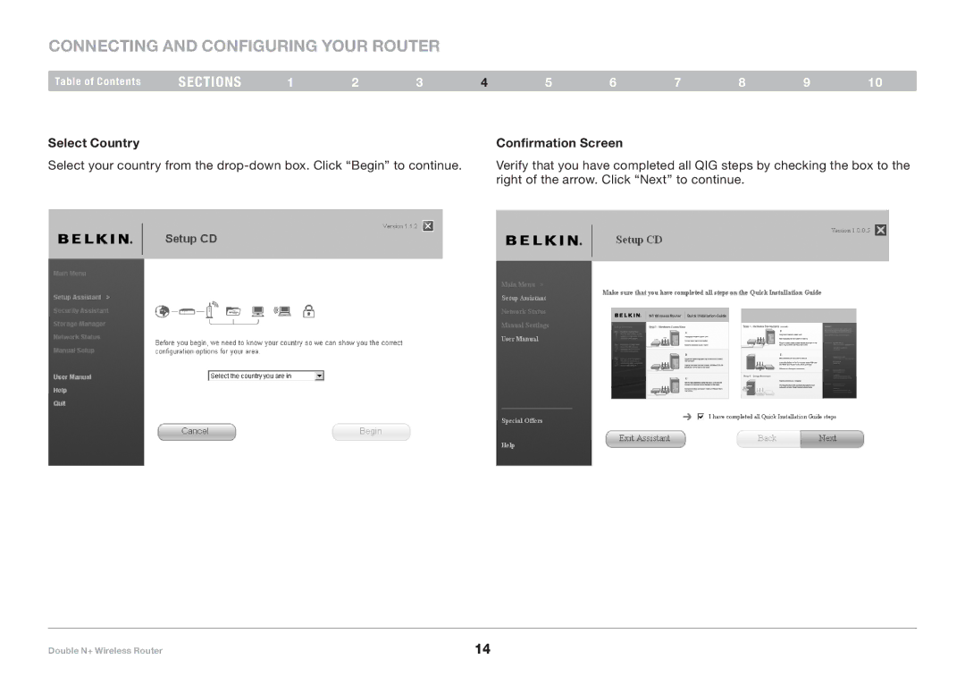 Belkin F6D6230XX4 user manual Select Country, Confirmation Screen 