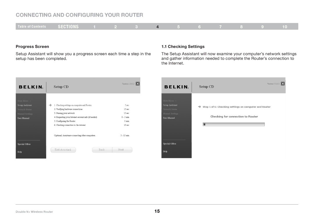 Belkin F6D6230XX4 user manual Progress Screen Checking Settings 