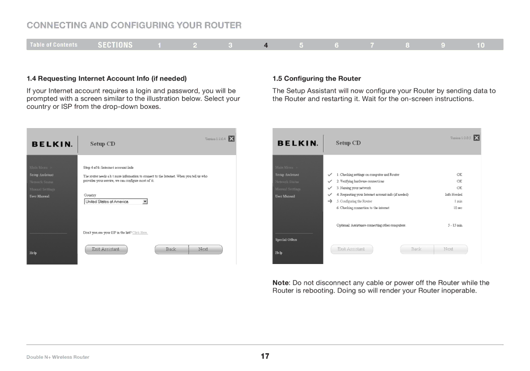 Belkin F6D6230XX4 user manual Requesting Internet Account Info if needed, Configuring the Router 