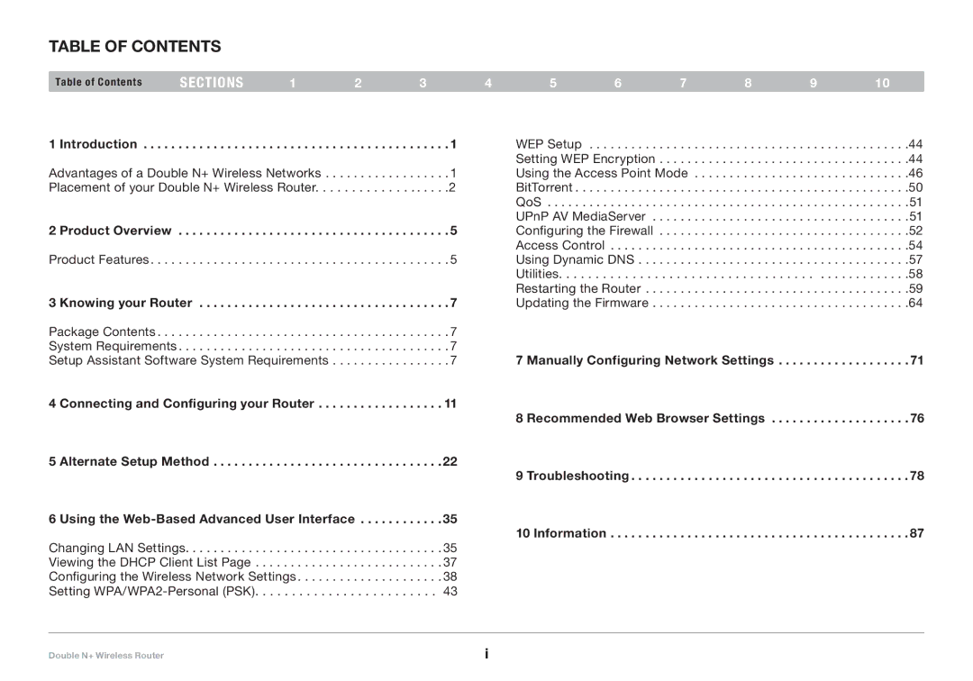 Belkin F6D6230XX4 user manual Table of Contents 