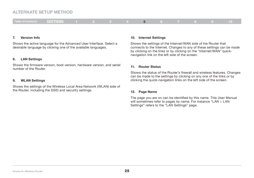 Belkin F6D6230XX4 user manual Version Info, LAN Settings Internet Settings, Wlan Settings, Router Status, Name 