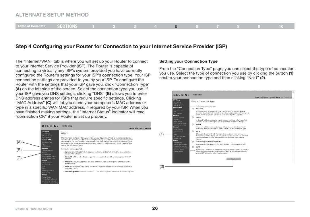 Belkin F6D6230XX4 user manual Setting your Connection Type 