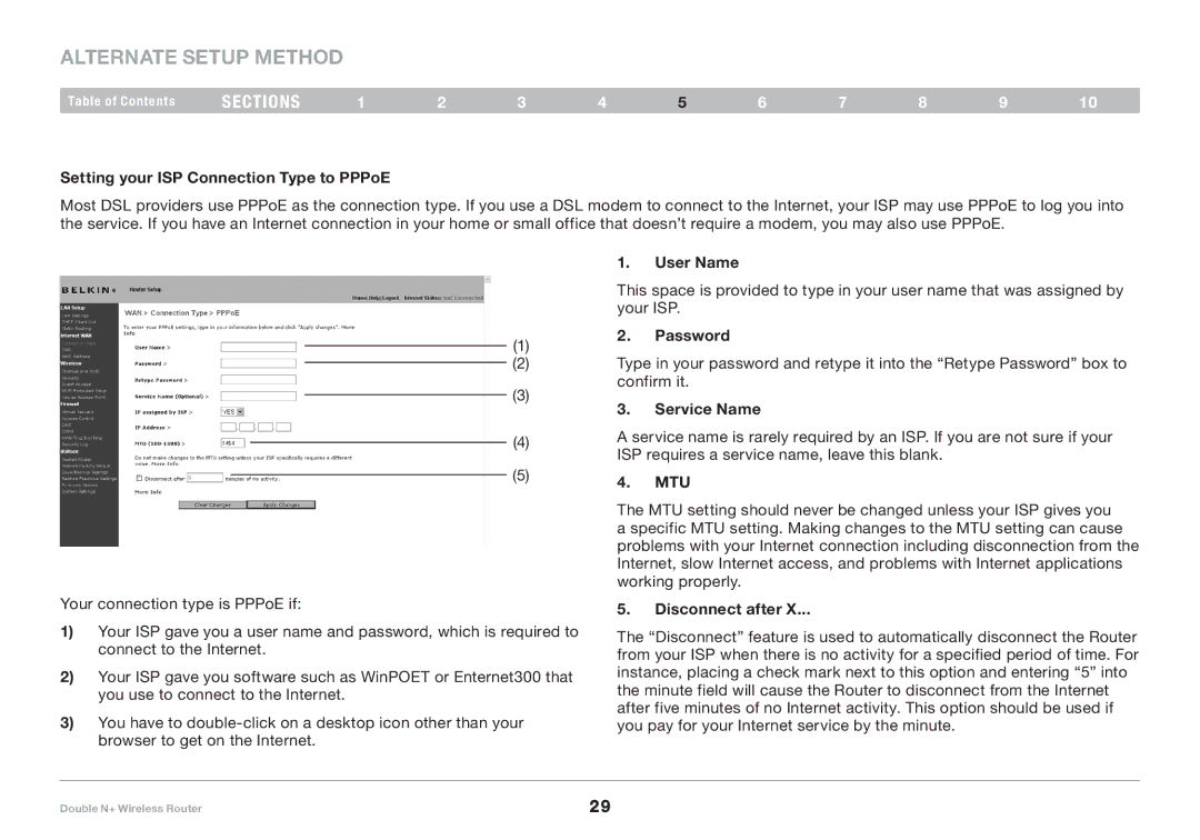 Belkin F6D6230XX4 Setting your ISP Connection Type to PPPoE, User Name, Password, Service Name, Mtu, Disconnect after 