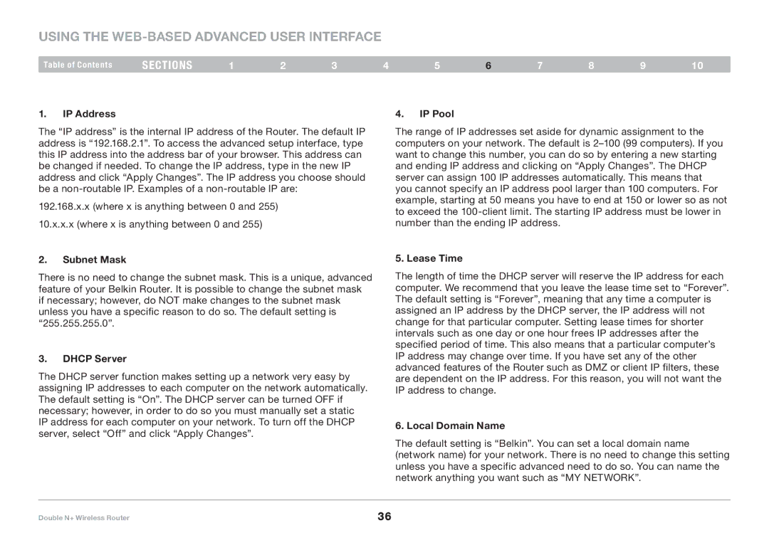 Belkin F6D6230XX4 Using the Web-Based Advanced User Interface, IP Pool, Dhcp Server, Lease Time, Local Domain Name 