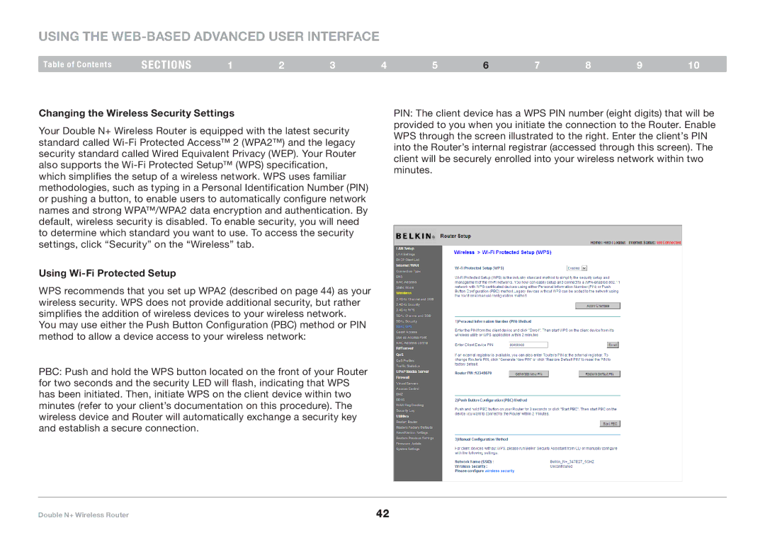 Belkin F6D6230XX4 user manual Changing the Wireless Security Settings, Using Wi-Fi Protected Setup 