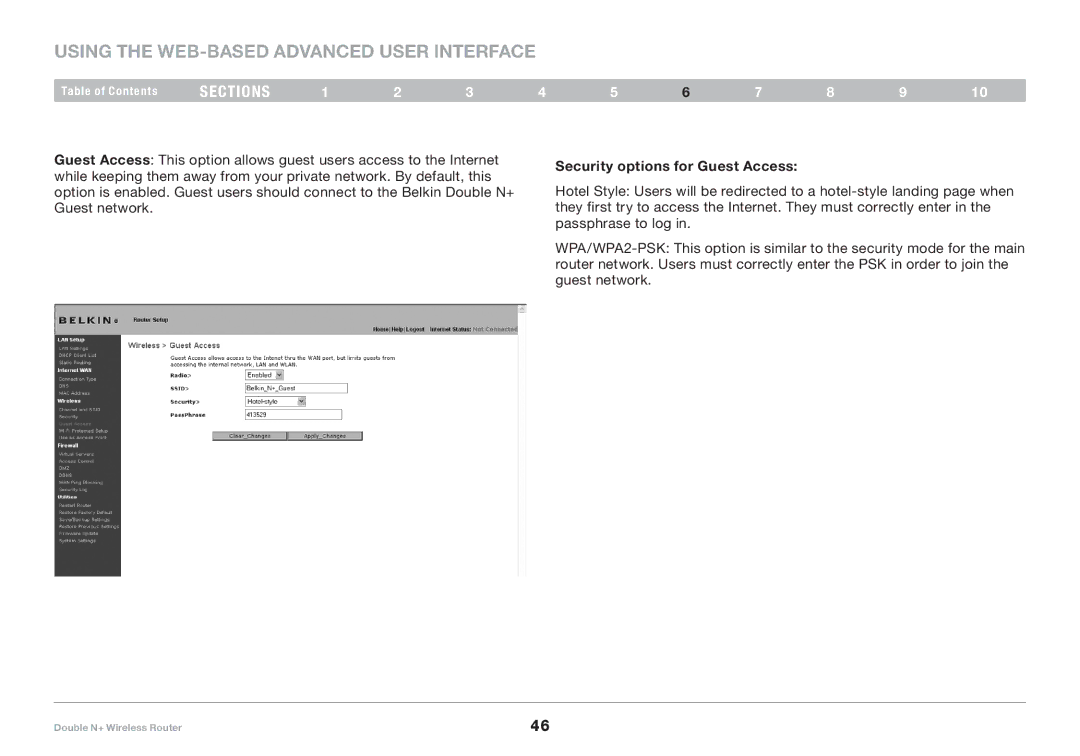 Belkin F6D6230XX4 user manual Security options for Guest Access 