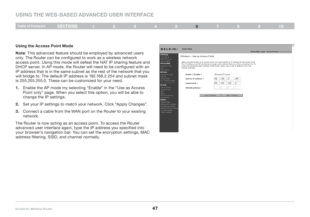 Belkin F6D6230XX4 user manual Using the Access Point Mode 