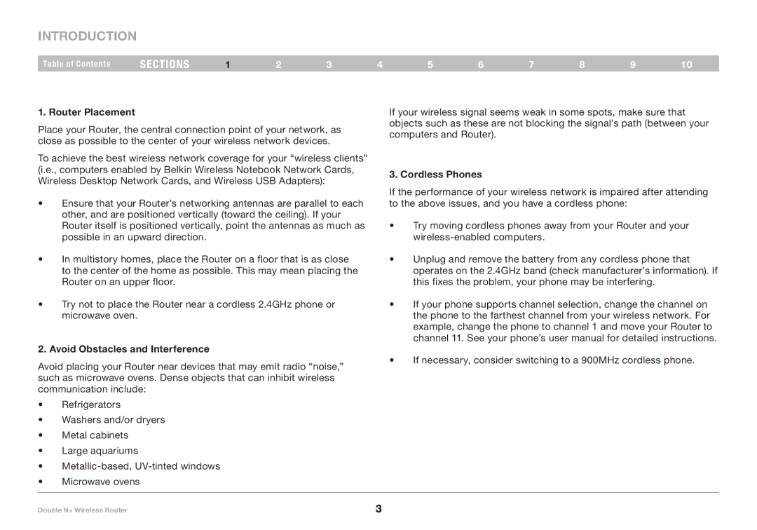 Belkin F6D6230XX4 user manual Router Placement, Avoid Obstacles and Interference, Cordless Phones 