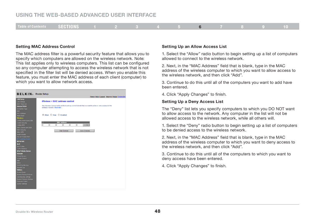 Belkin F6D6230XX4 user manual Setting MAC Address Control, Setting Up an Allow Access List, Setting Up a Deny Access List 