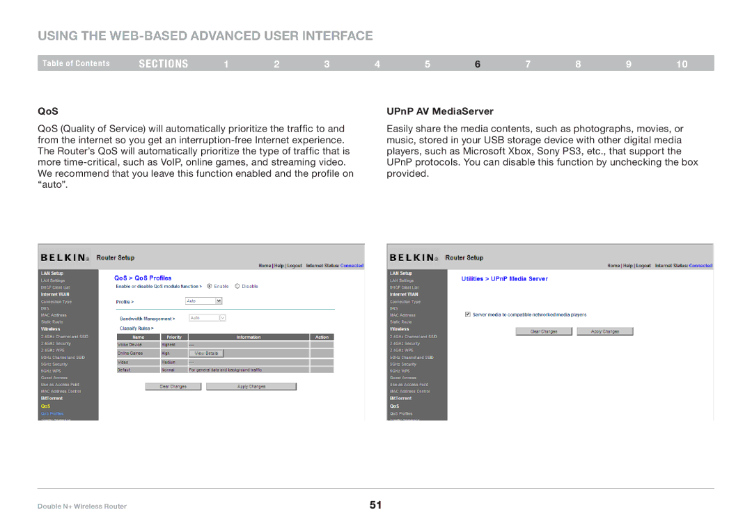 Belkin F6D6230XX4 user manual QoS UPnP AV MediaServer 