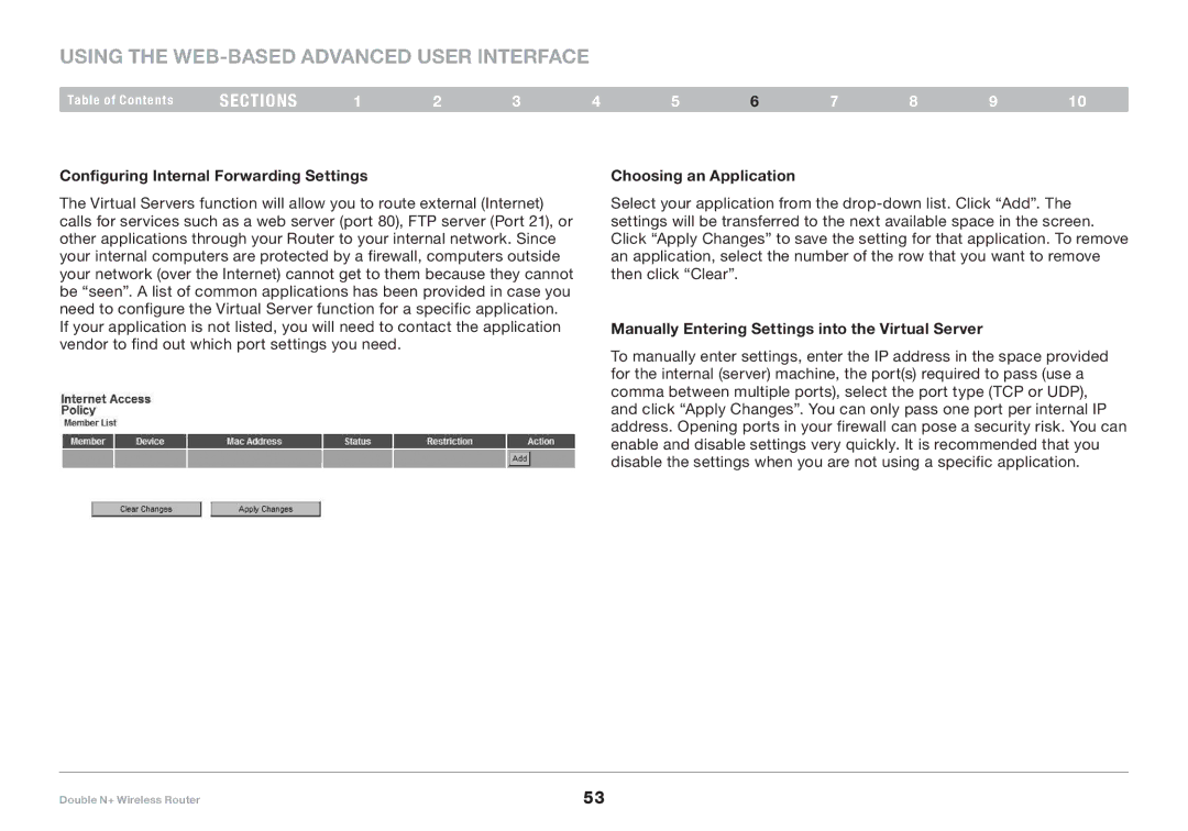 Belkin F6D6230XX4 user manual Configuring Internal Forwarding Settings, Choosing an Application 