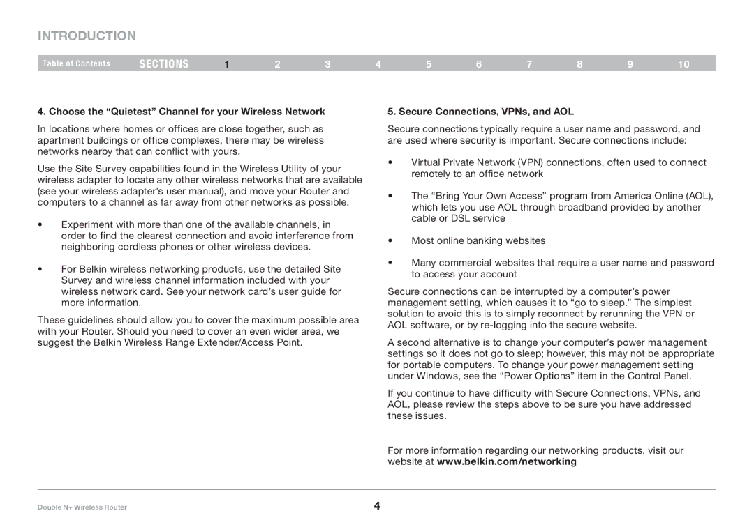 Belkin F6D6230XX4 user manual Choose the Quietest Channel for your Wireless Network, Secure Connections, VPNs, and AOL 