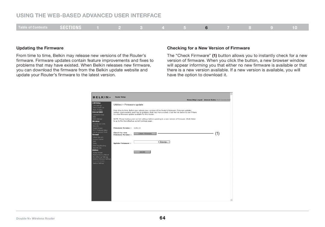 Belkin F6D6230XX4 user manual Updating the Firmware, Checking for a New Version of Firmware 