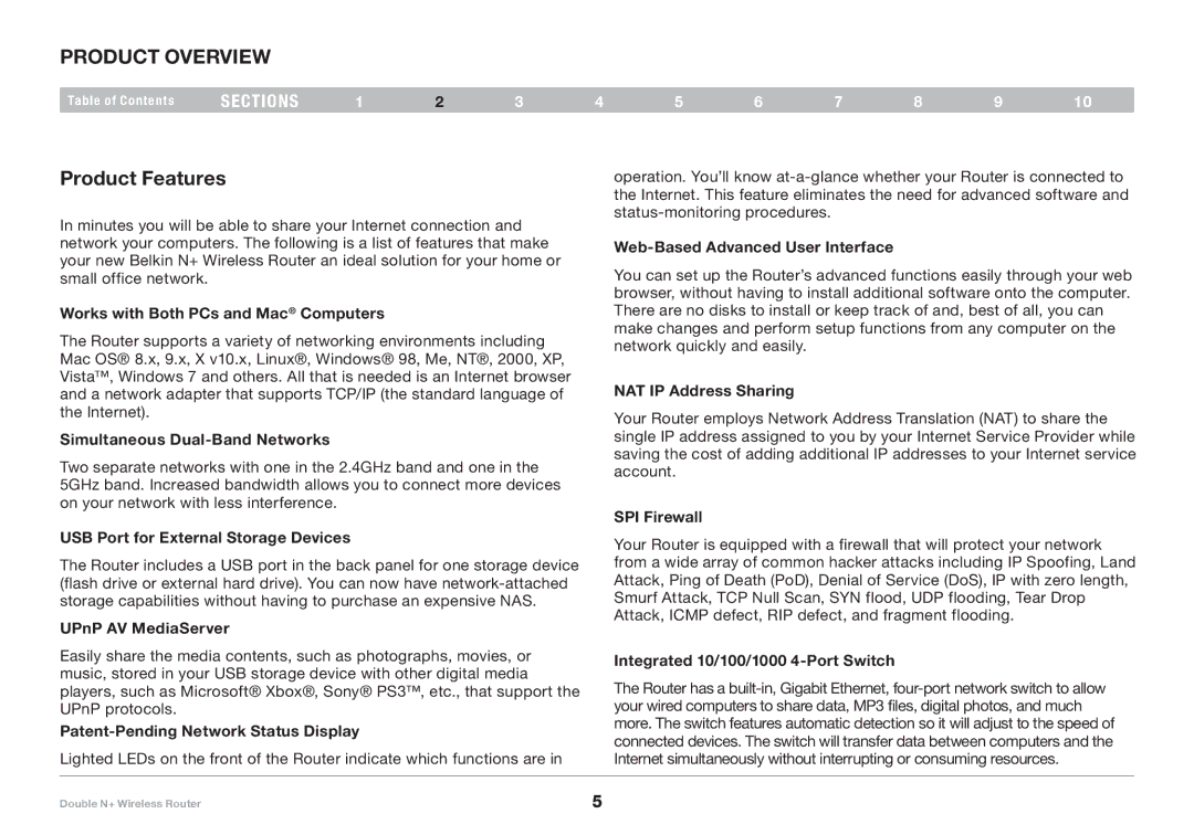 Belkin F6D6230XX4 user manual Product Overview, Product Features 