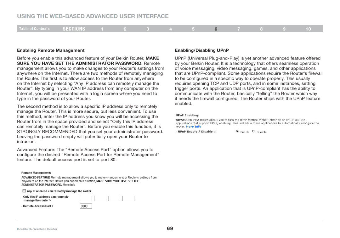 Belkin F6D6230XX4 user manual Enabling Remote Management, Enabling/Disabling UPnP 