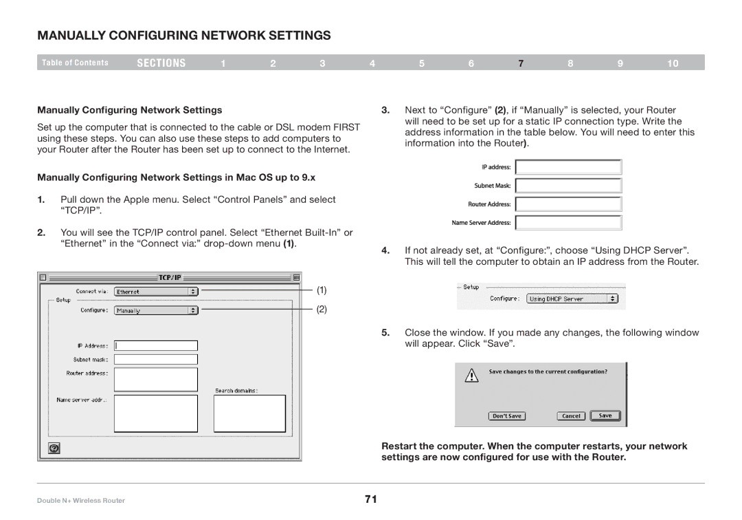 Belkin F6D6230XX4 user manual Manually Configuring Network Settings in Mac OS up to 