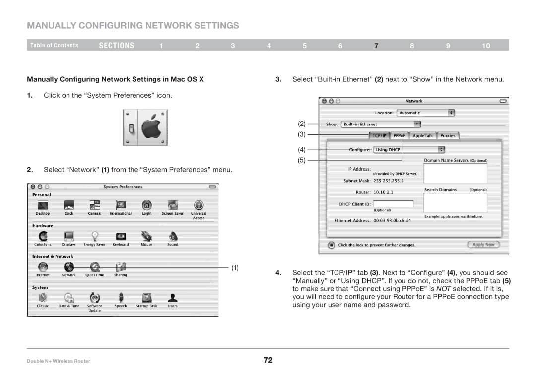 Belkin F6D6230XX4 user manual Manually Configuring Network Settings in Mac OS 