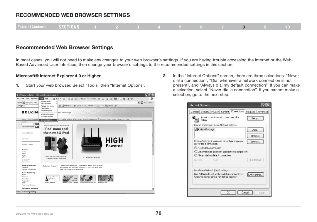 Belkin F6D6230XX4 user manual Recommended Web Browser Settings, Microsoft Internet Explorer 4.0 or Higher 