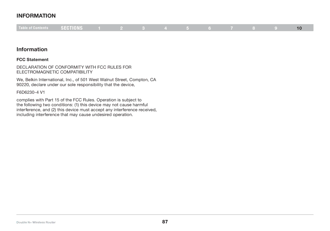 Belkin F6D6230XX4 user manual Information, FCC Statement 