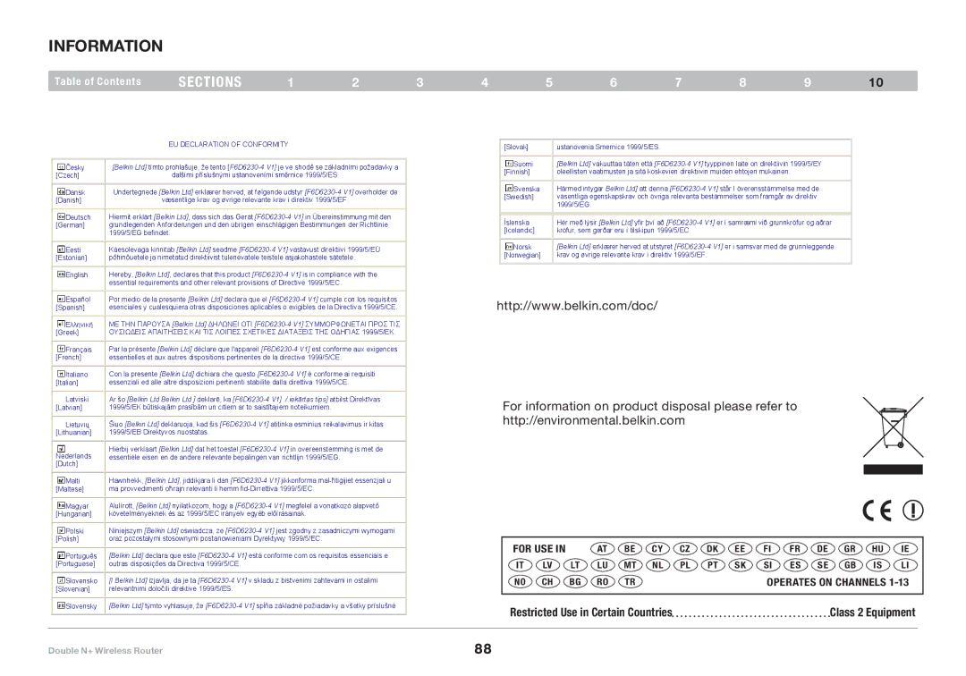 Belkin F6D6230XX4 user manual Restricted Use in Certain Countries 