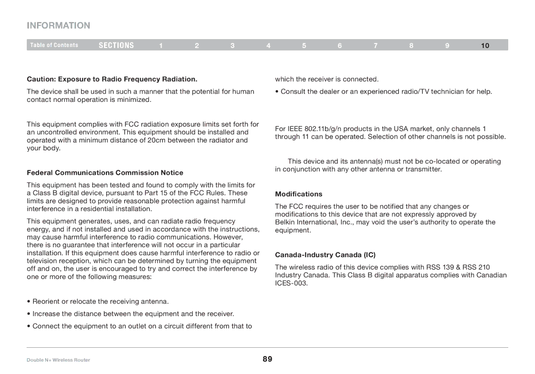 Belkin F6D6230XX4 Information, Federal Communications Commission Notice, Modifications, Canada-Industry Canada IC 