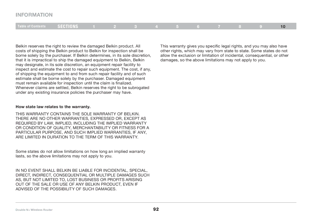 Belkin F6D6230XX4 user manual How state law relates to the warranty 