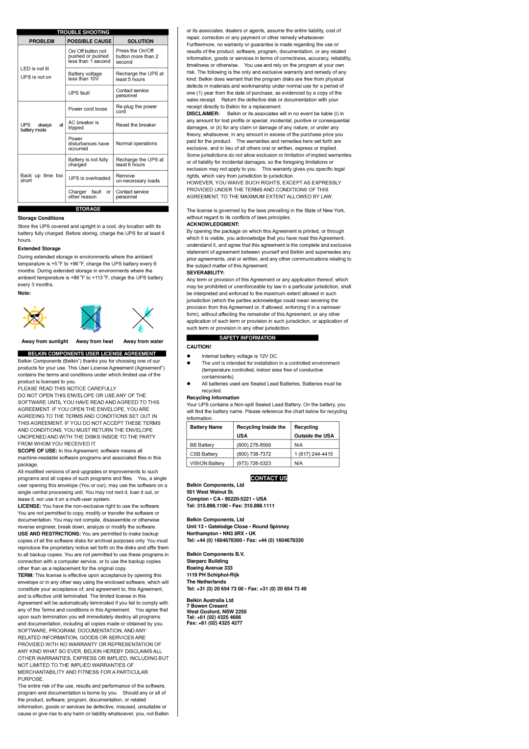 Belkin F6H650-SER, F6H500-SER Trouble Shooting, Storage, Belkin Components User License Agreement, Safety Information 