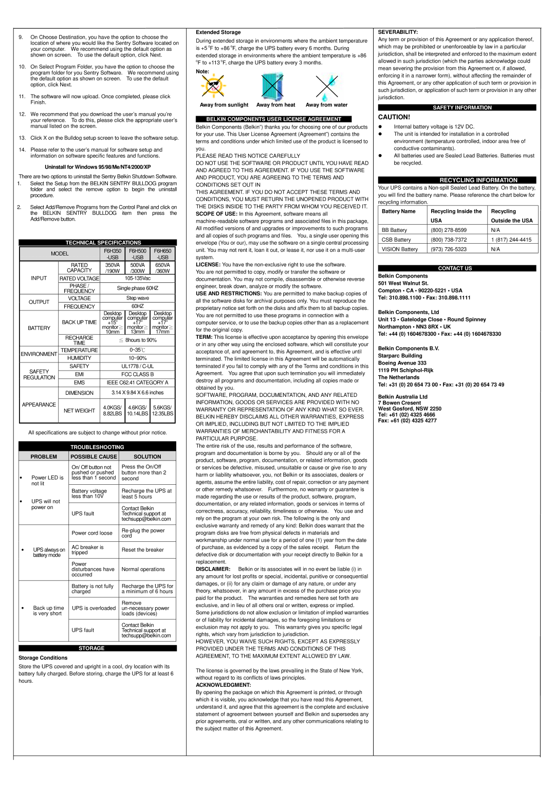 Belkin F6H650-USB Technical Specifications, Troubleshooting, Storage, Belkin Components User License Agreement, Contact US 