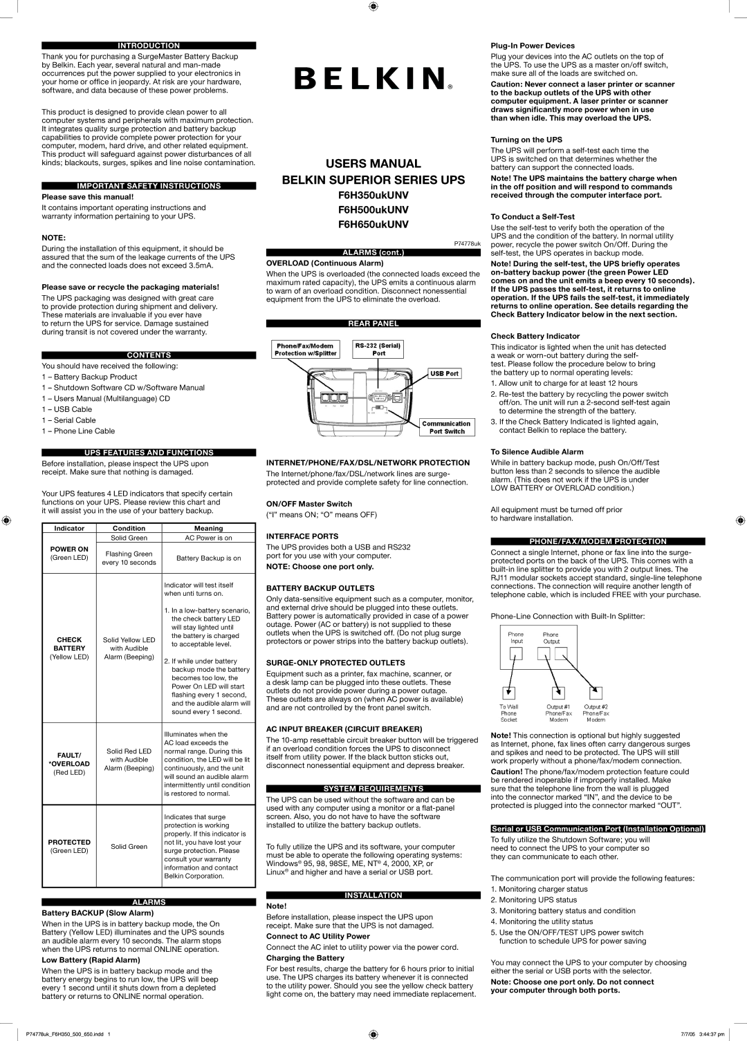 Belkin F6H500ukUNV user manual Introduction, Contents, UPS Features and Functions, Alarms, Rear Panel, System Requirements 