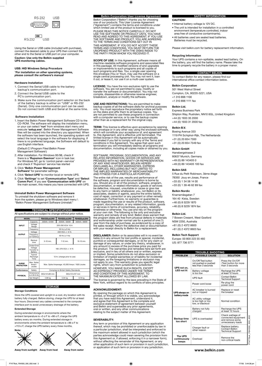 Belkin F6H350ukUNV, F6H650ukUNV Technical Specifications, Storage, Safety Information, Contact Belkin, Trouble Shooting 