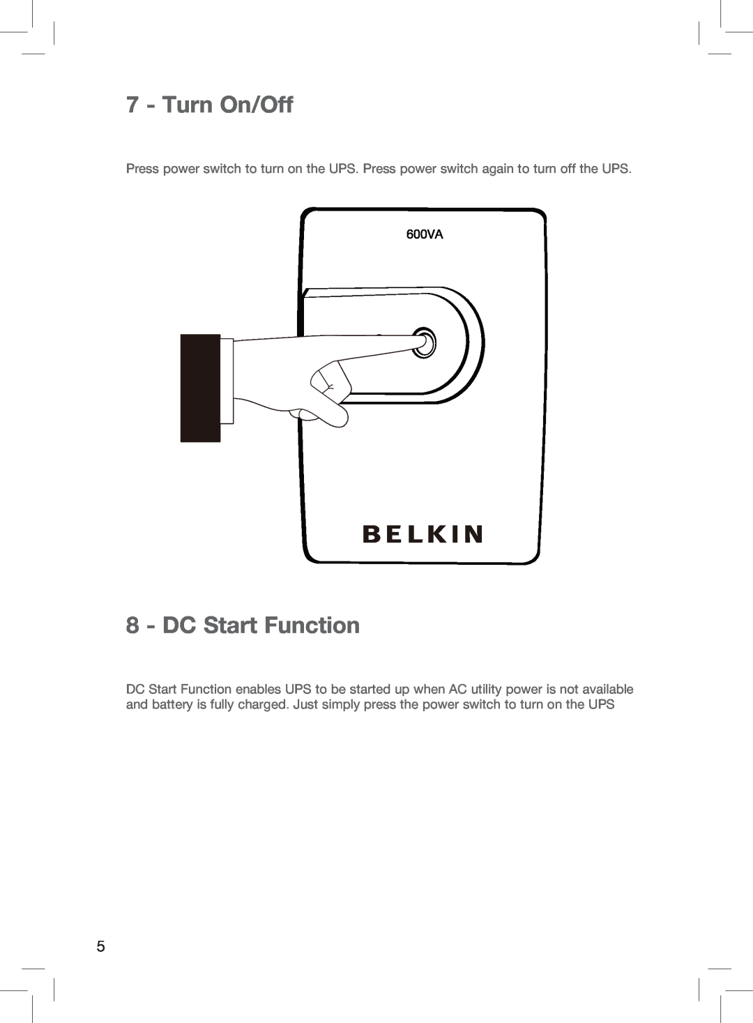 Belkin F6U600AU manual Turn On/Off, DC Start Function 