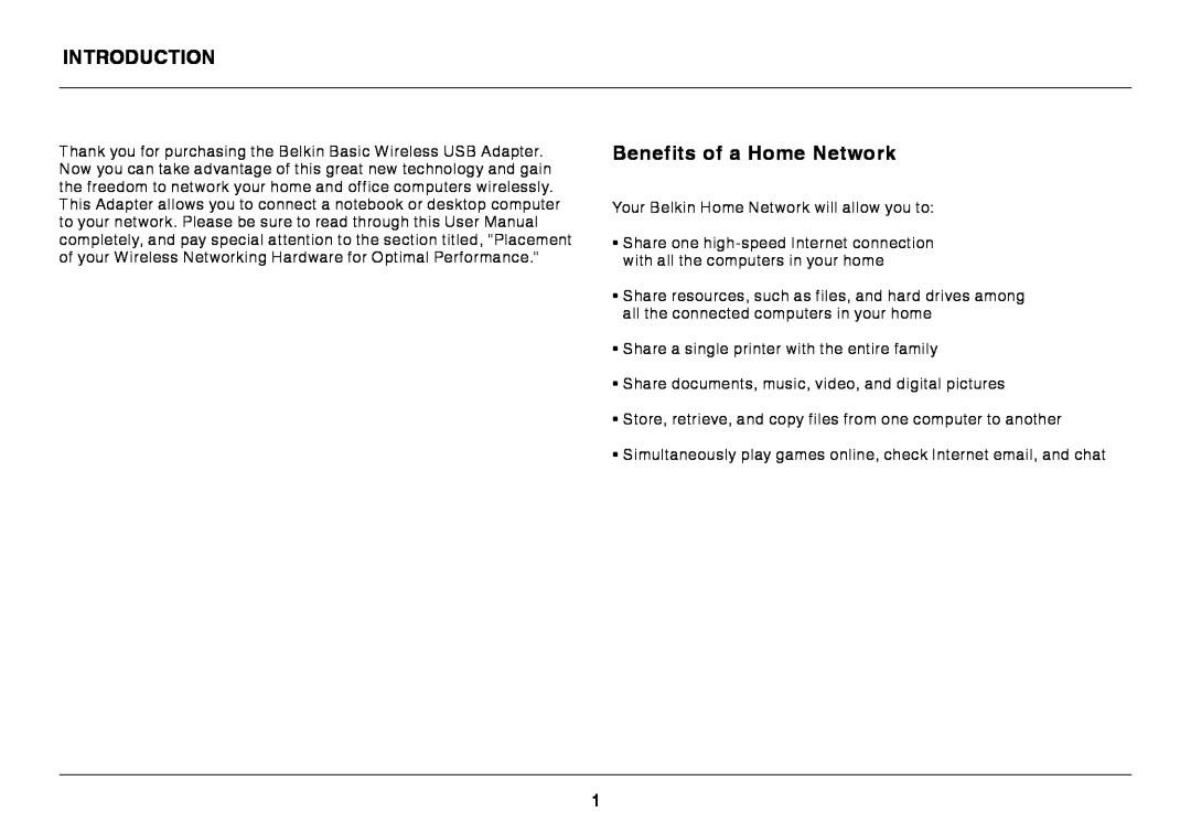 Belkin F7D1101 user manual Introduction, Benefits of a Home Network 
