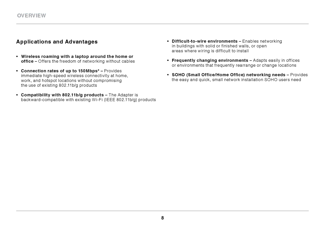 Belkin F7D1101 user manual Overview, Applications and Advantages 