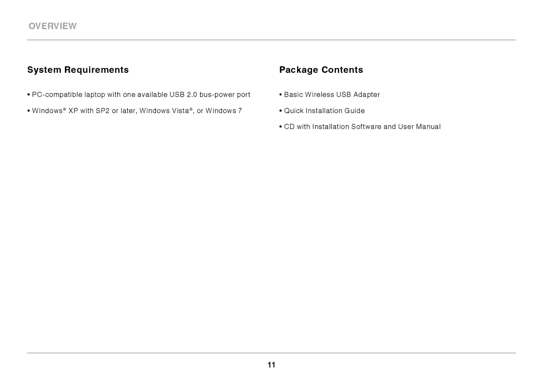 Belkin F7D1101 user manual System Requirements Package Contents 