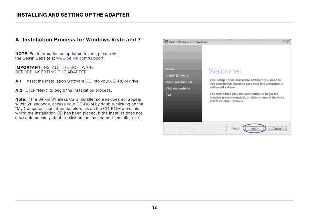 Belkin F7D1101 user manual Important Install the Software Before Inserting the Adapter 