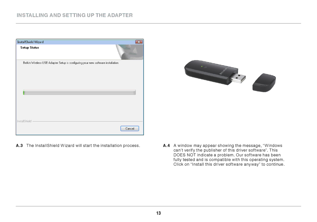 Belkin F7D1101 user manual Installing and Setting up the Adapter 