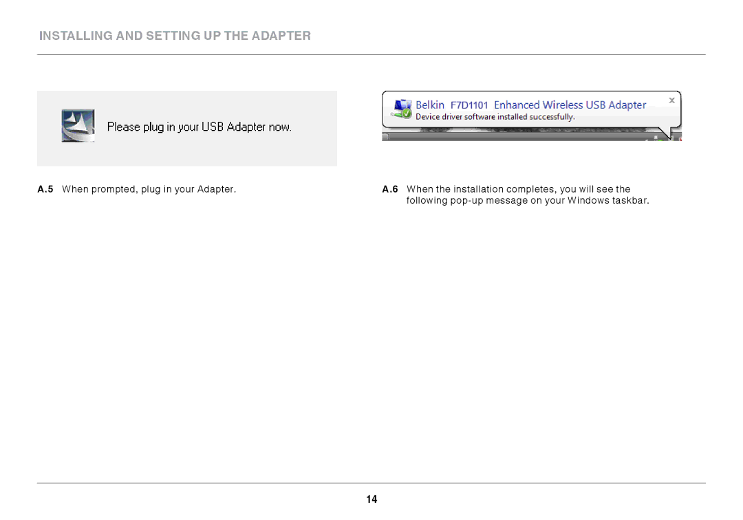 Belkin F7D1101 user manual Installing and Setting up the Adapter 